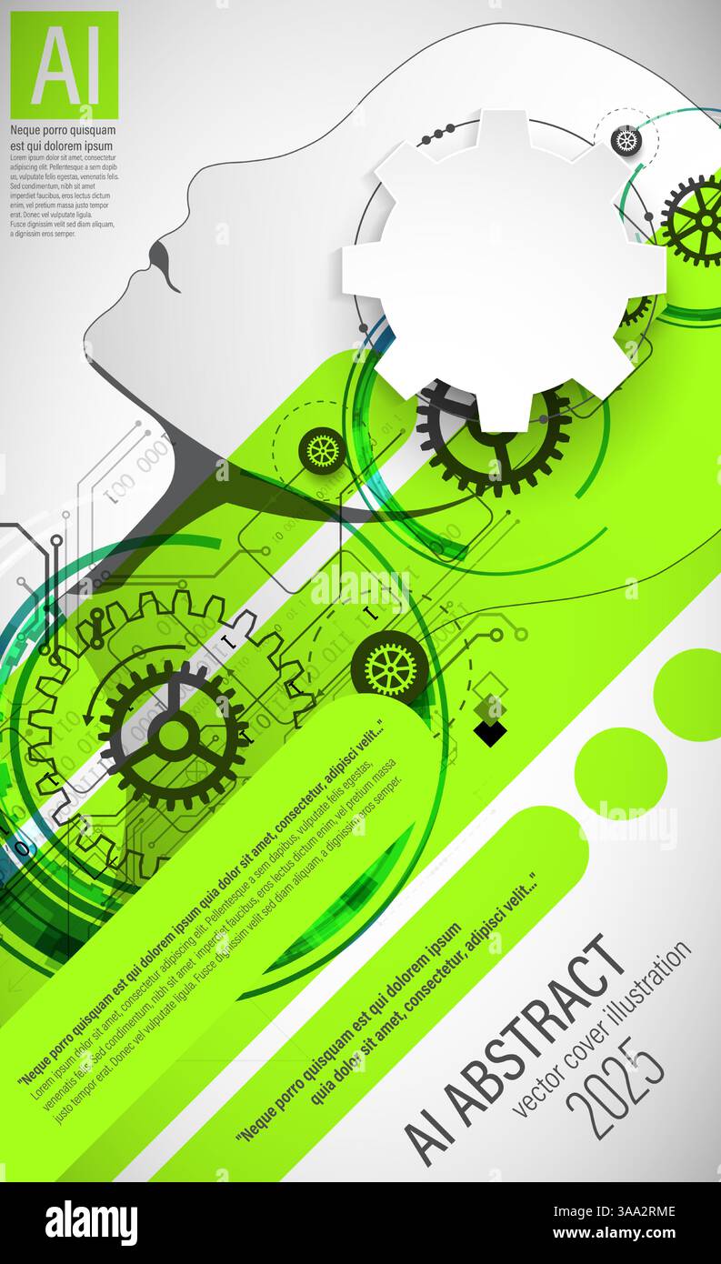 Un design de couverture abstrait futuriste mettant en valeur l'intelligence artificielle et la technologie. L'illustration présente une silhouette de tête humaine remplie de numérique Illustration de Vecteur
