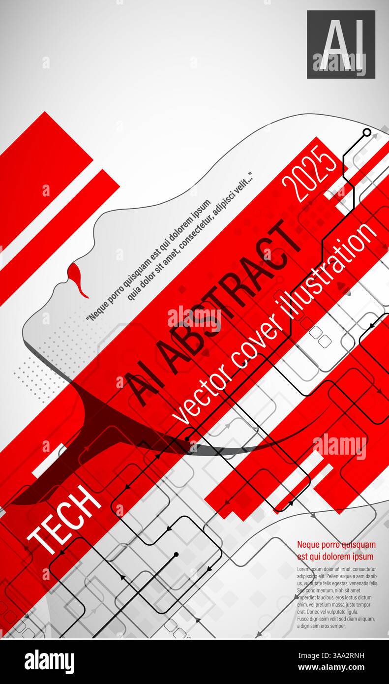 Un design de couverture abstrait futuriste mettant en valeur l'intelligence artificielle et la technologie. L'illustration présente une silhouette de tête humaine remplie de numérique Illustration de Vecteur