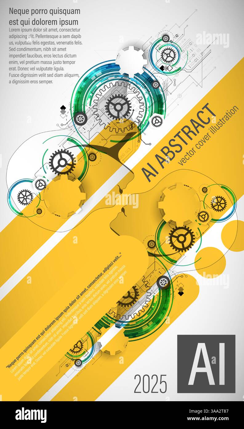 Un design de couverture abstrait futuriste mettant en valeur l'intelligence artificielle et la technologie. L'illustration présente une silhouette de tête humaine remplie de numérique Illustration de Vecteur