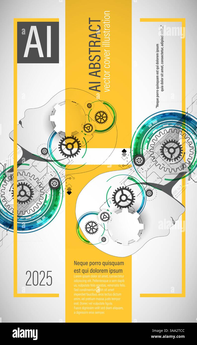 Un design de couverture abstrait futuriste mettant en valeur l'intelligence artificielle et la technologie. L'illustration présente une silhouette de tête humaine remplie de numérique Illustration de Vecteur
