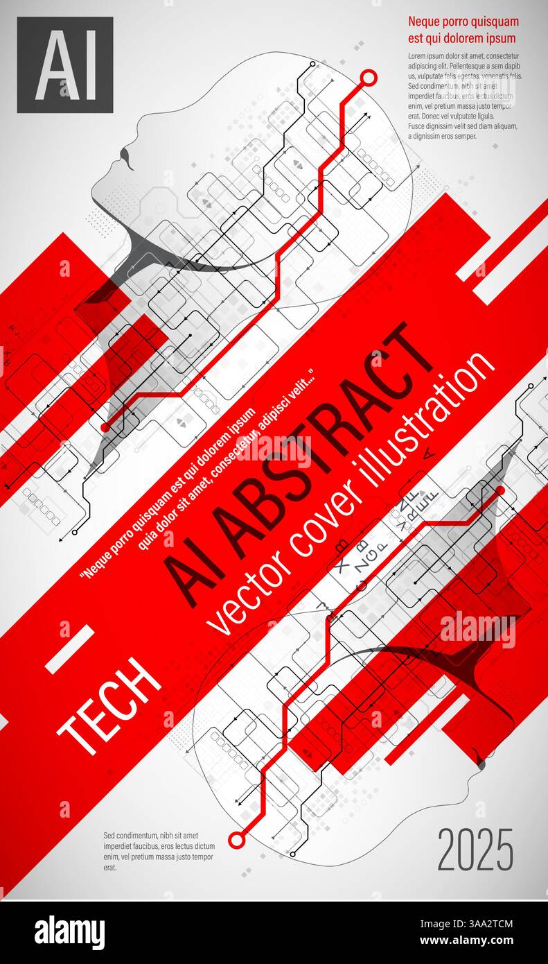 Un design de couverture abstrait futuriste mettant en valeur l'intelligence artificielle et la technologie. L'illustration présente une silhouette de tête humaine remplie de numérique Illustration de Vecteur