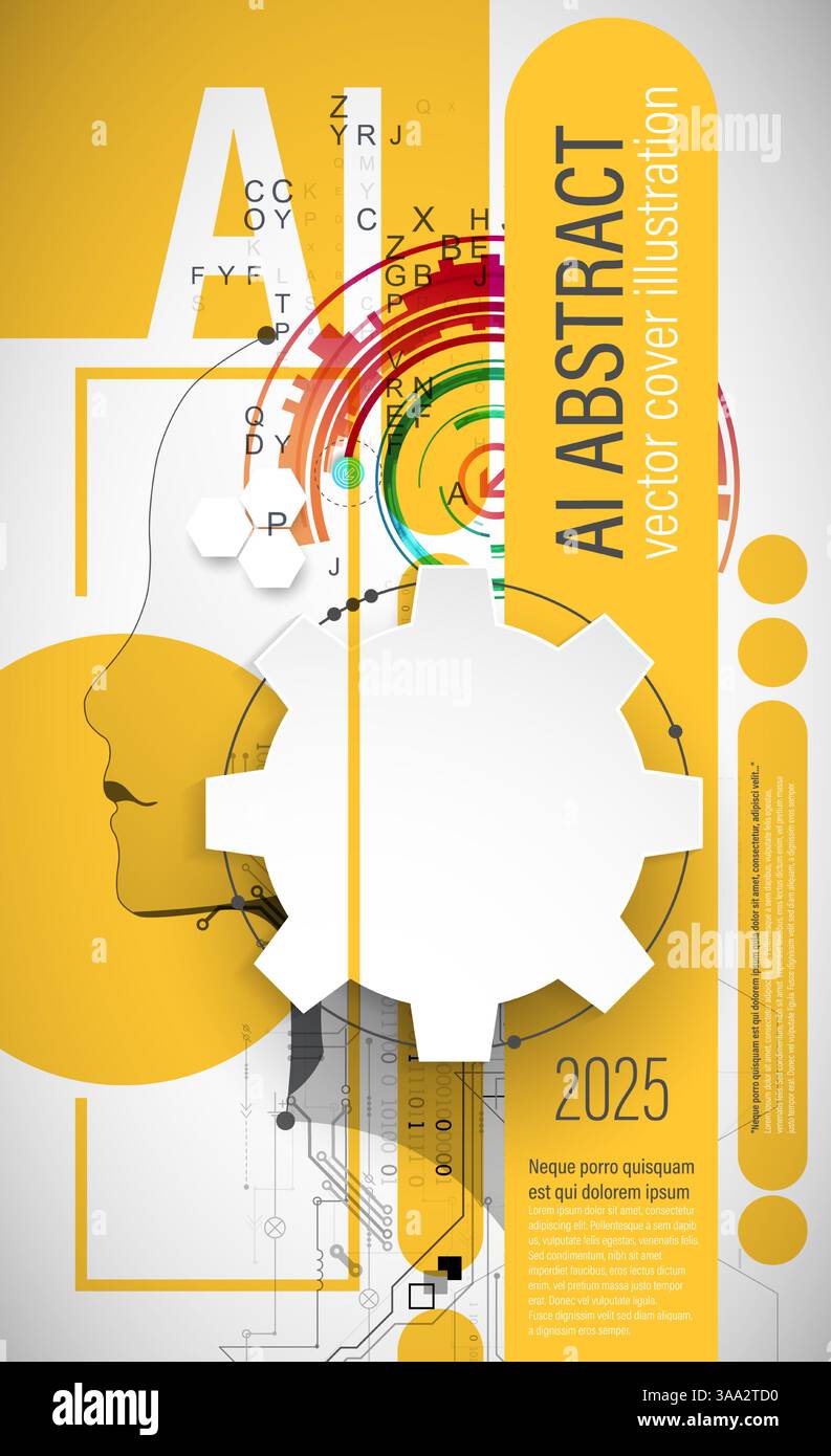 Un design de couverture abstrait futuriste mettant en valeur l'intelligence artificielle et la technologie. L'illustration présente une silhouette de tête humaine remplie de numérique Illustration de Vecteur
