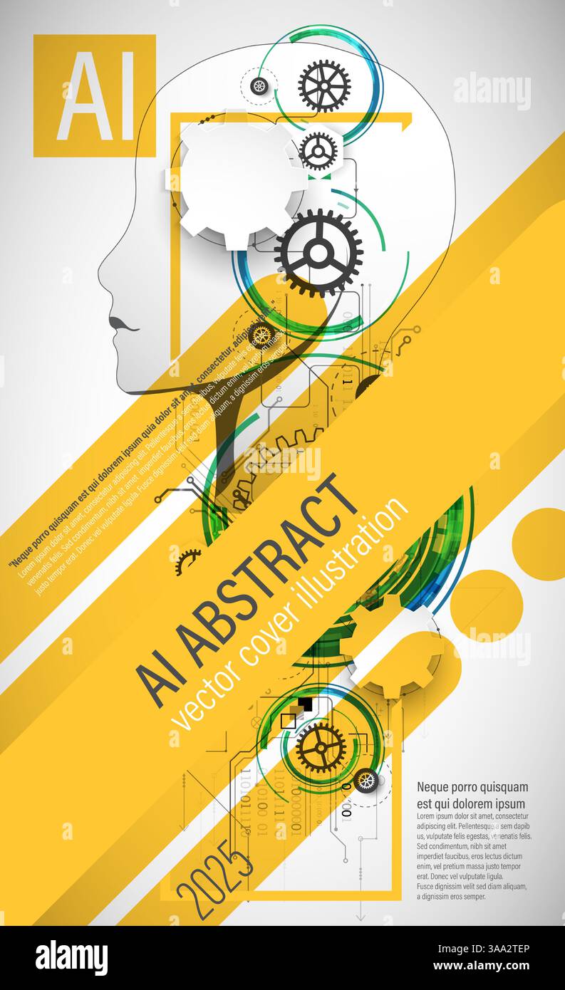 Un design de couverture abstrait futuriste mettant en valeur l'intelligence artificielle et la technologie. L'illustration présente une silhouette de tête humaine remplie de numérique Illustration de Vecteur