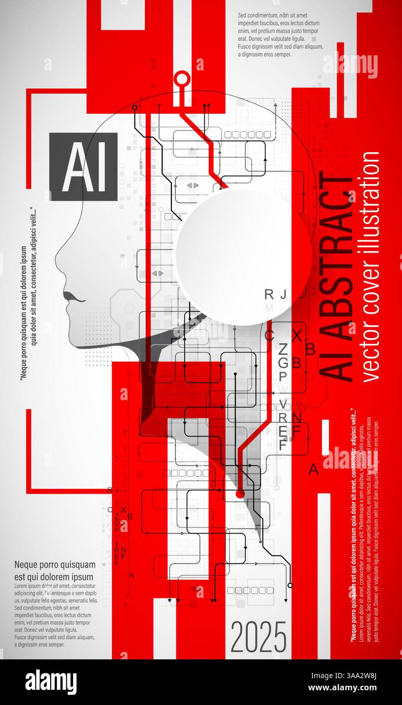 Un design de couverture abstrait futuriste mettant en valeur l'intelligence artificielle et la technologie. L'illustration présente une silhouette de tête humaine remplie de numérique Illustration de Vecteur