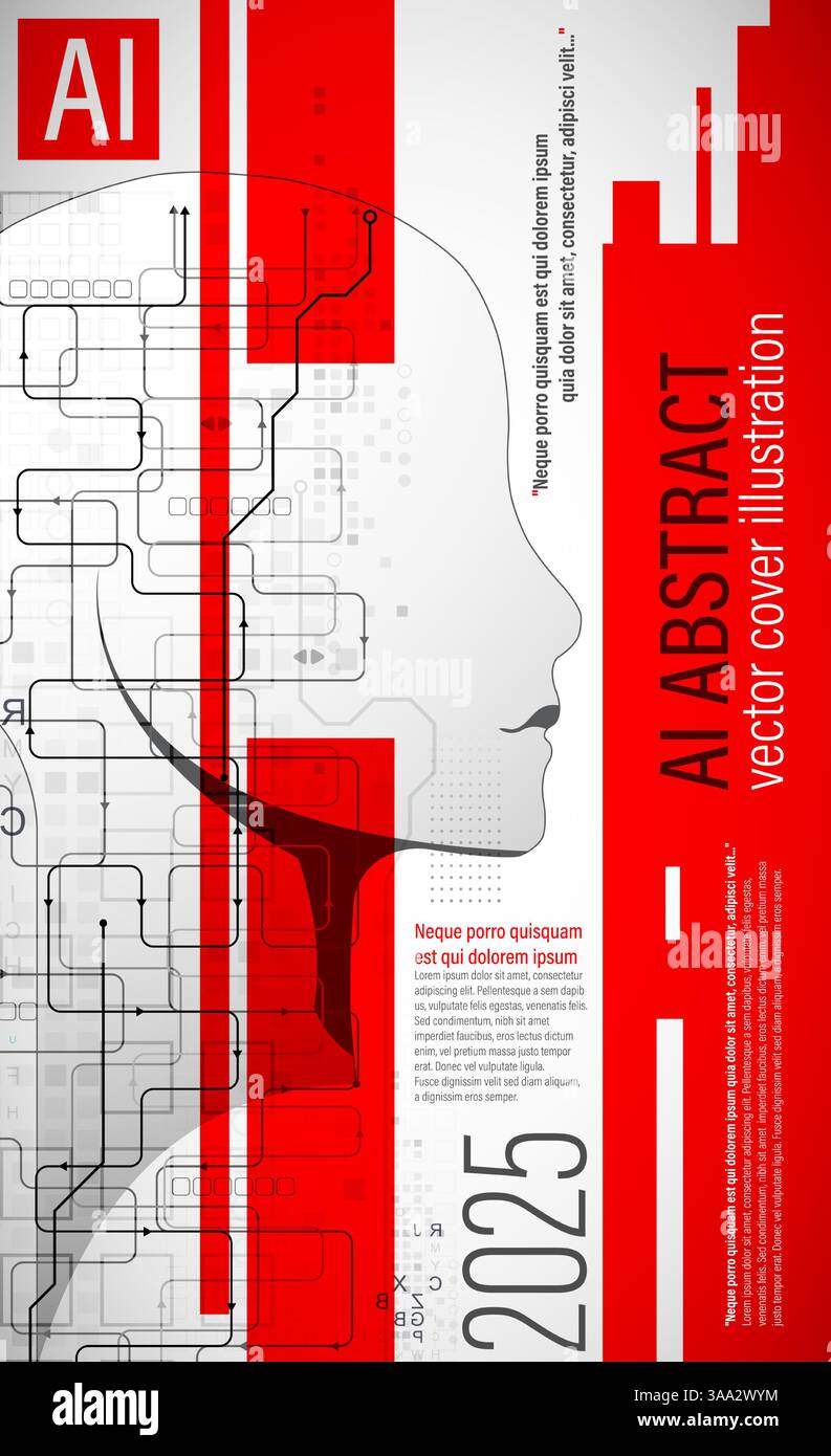 Un design de couverture abstrait futuriste mettant en valeur l'intelligence artificielle et la technologie. L'illustration présente une silhouette de tête humaine remplie de numérique Illustration de Vecteur