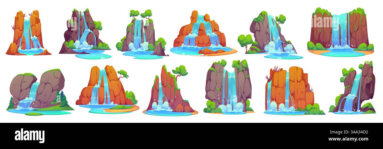 Cascades d'eau de cascade de dessin animé avec des montagnes et des arbres de la forêt de jungle. Vue de paysage de nature vectorielle des cascades, de la rivière de montagne ou des cascades de ruisseau, des éclaboussures d'eau bleue, de la brume et des gouttes Illustration de Vecteur Cascades d'eau de cascade de dessin animé avec des montagnes et des arbres de la forêt de jungle. Vue de paysage de nature vectorielle des cascades, de la rivière de montagne ou des cascades de ruisseau, des éclaboussures d'eau bleue, de la brume et des gouttes Illustration de Vecteur