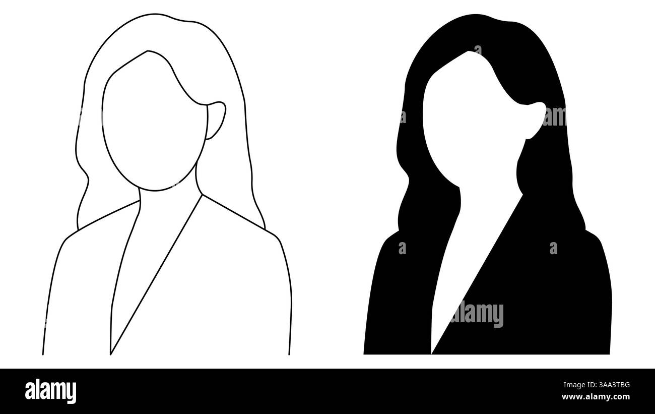 Illustration de profil de la silhouette d'une femme. Une illustration de profil de femme d'affaires de contour. Une image d'avatar féminin en noir et blanc. Illustration de Vecteur