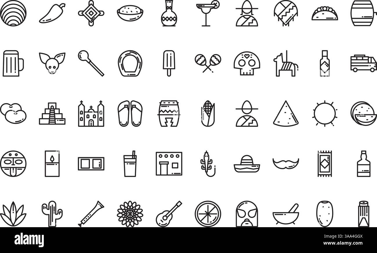 Icônes d'éléments mexicains Collection d'icônes vectorielles haute qualité avec trait modifiable. Idéal pour les projets professionnels et créatifs Illustration de Vecteur