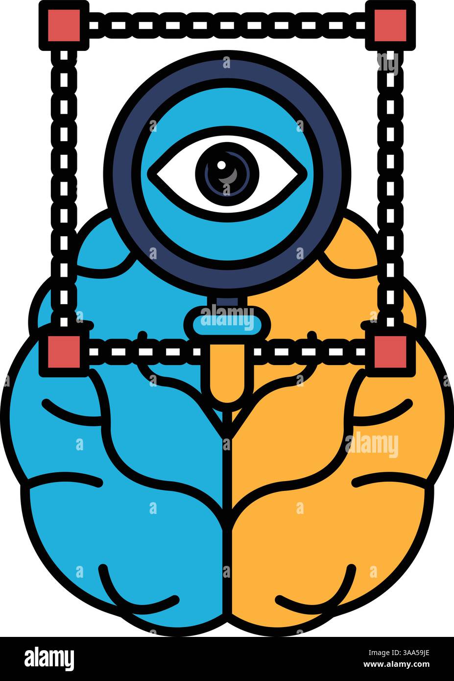 Un cerveau bleu et orange avec une loupe au milieu. Le cerveau est divisé en deux moitiés, la moitié gauche étant bleue et la moitié droite étant bleue Illustration de Vecteur