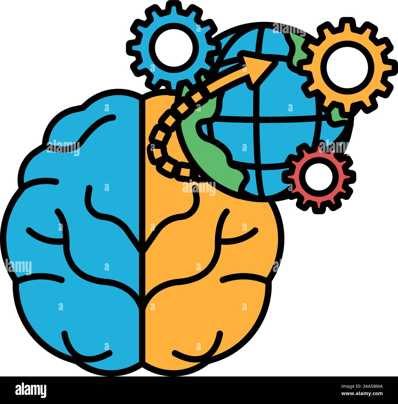 Dessin animé d'un cerveau avec un globe et des engrenages qui l'entourent. Le cerveau est divisé en deux moitiés, la moitié gauche étant bleue et la moitié droite ha Illustration de Vecteur
