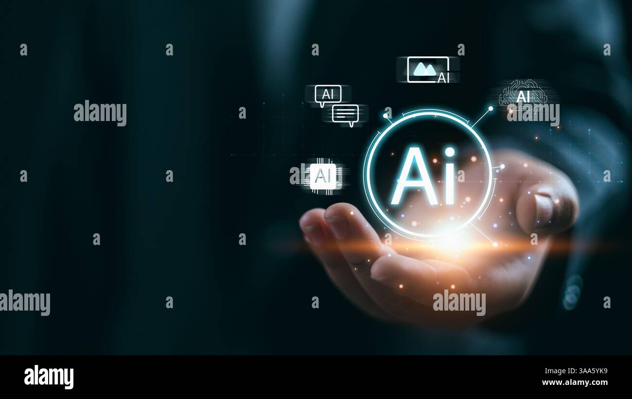 Concept les humains travaillent avec l'intelligence artificielle, les hommes d'affaires utilisent la technologie intelligente d'IA entrer invite de commande pour généré pour résoudre les problèmes, let Banque D'Images