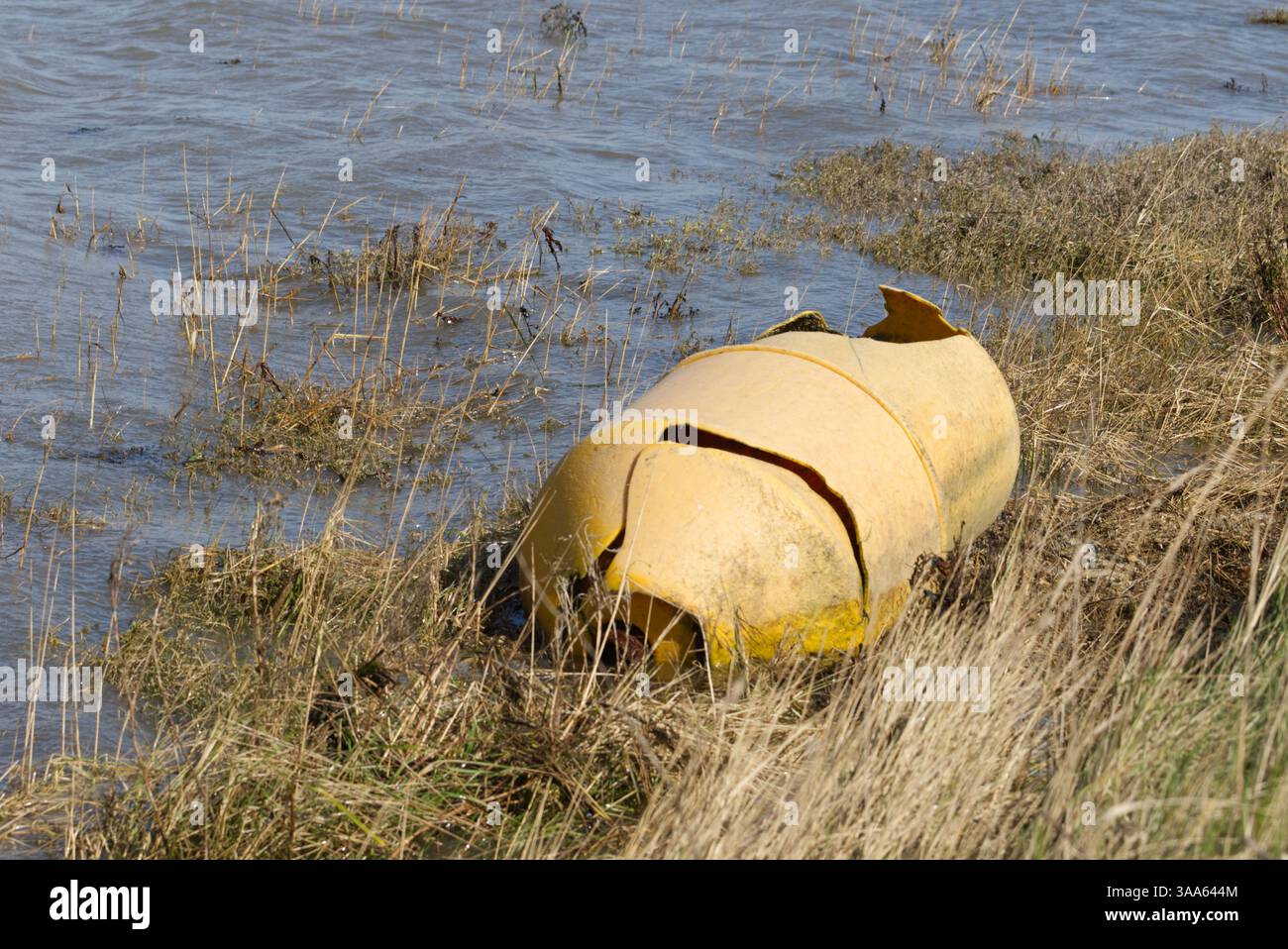 Conteneur jaune endommagé en forme de tonneau déposé sur la côte et constitué de roseaux et d'herbes Banque D'Images