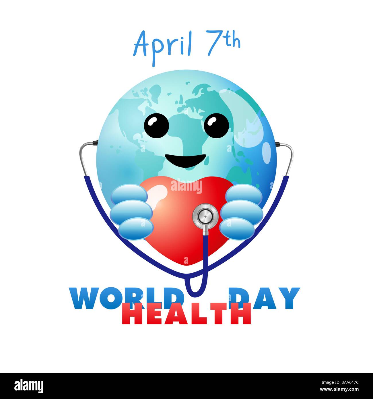 7 avril Journée mondiale de la santé affiche mignonne avec des éléments graphiques 3D. Symbole créatif de la planète Terre tenant le cœur rouge. Golbe bleu avec stéthoscope Illustration de Vecteur