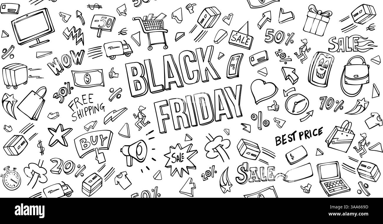 Les éléments du vendredi noir définissent le fond. Illustration vectorielle Doodle style Illustration de Vecteur