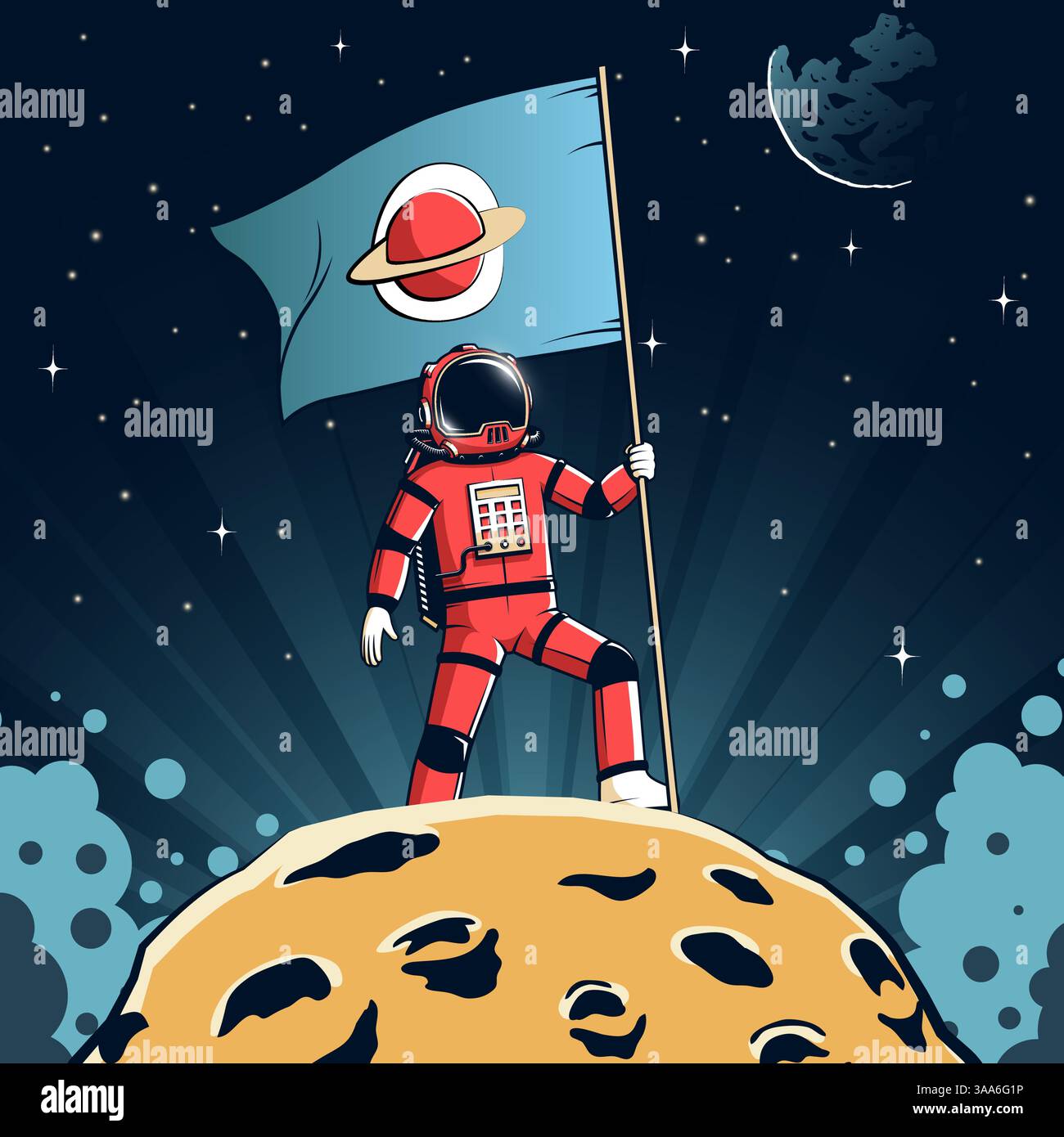 L'astronaute se tient debout sur un astéroïde tenant un drapeau en arrière-plan lors d'une mission d'exploration cosmique Illustration de Vecteur