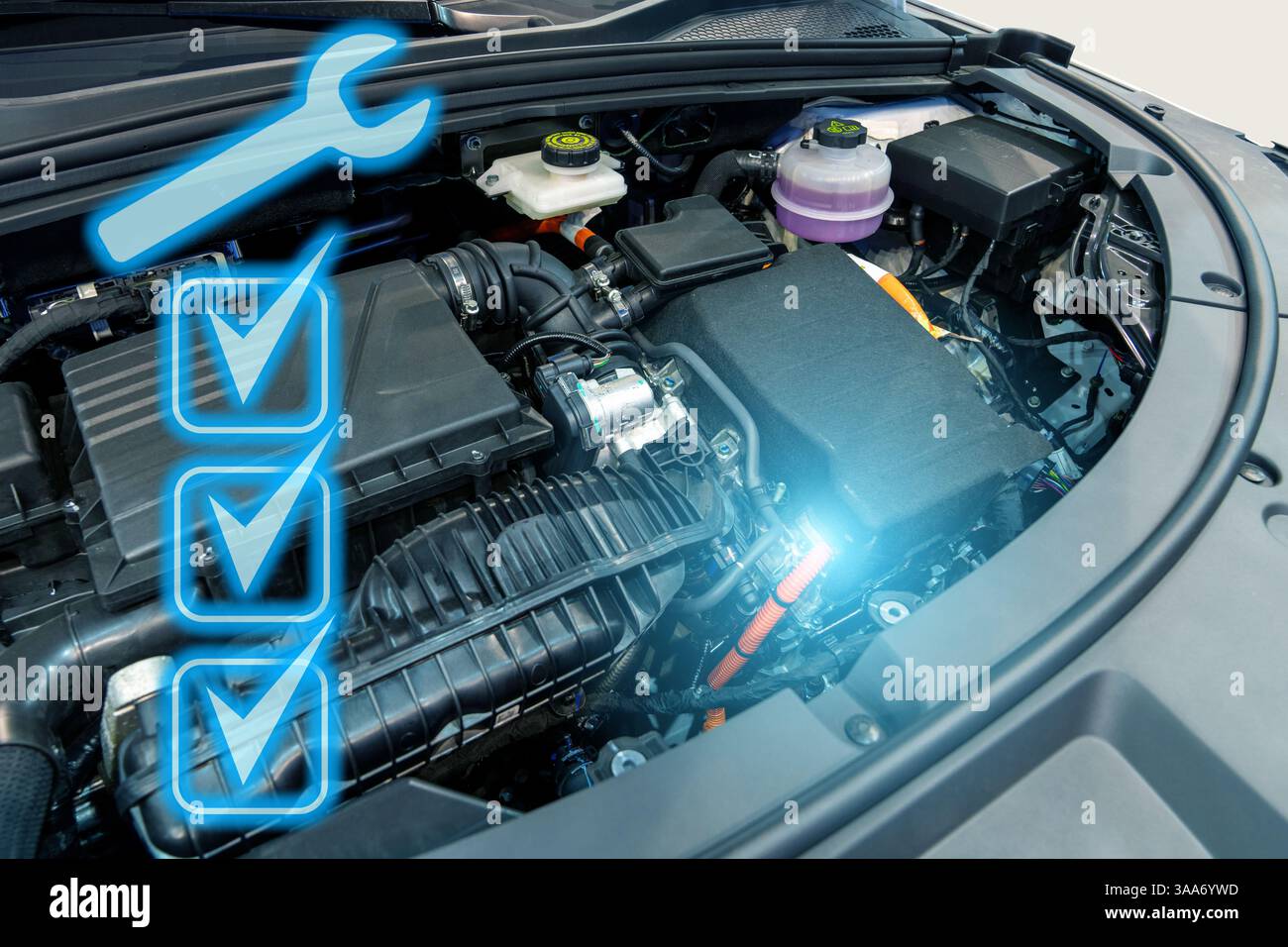 Voiture hybride avec capot ouvert et symbole de service. Entretien des véhicules électriques.. Banque D'Images