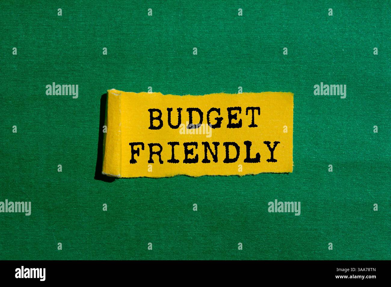 Message amical de budget écrit sur morceau de papier jaune déchiré déchiré sur fond vert. Symbole conceptuel favorable au budget. Copier l'espace. Banque D'Images