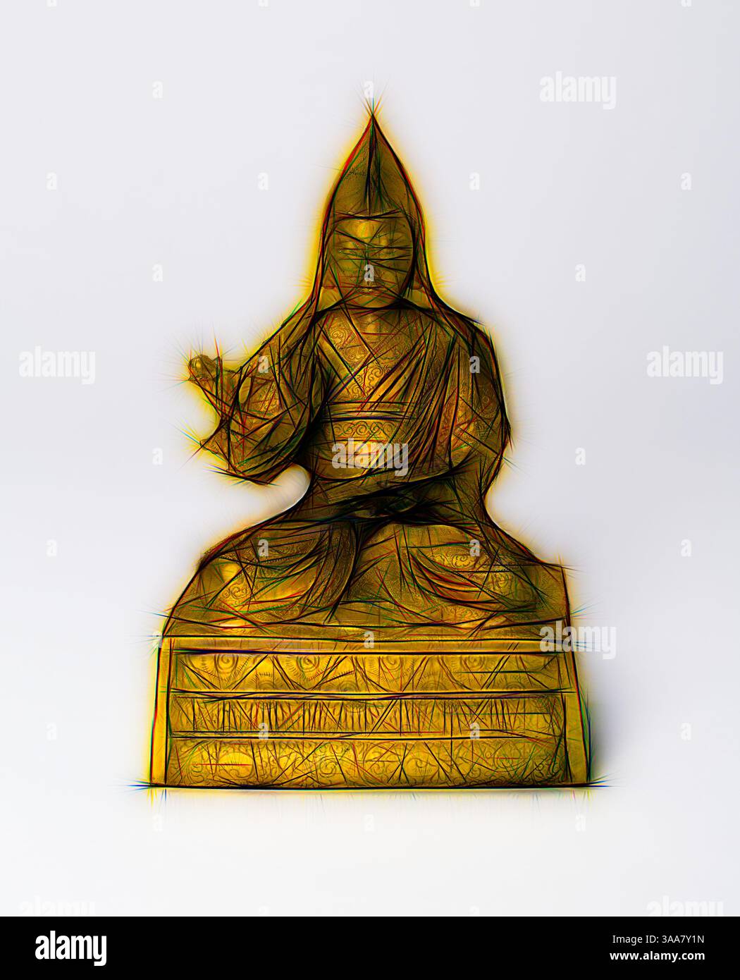 Représentation stylisée d'une figure sereine en tenue traditionnelle, assise dans une pose méditative avec une main levée dans un geste de bénédiction. Les détails complexes du vêtement et l'expression tranquille véhiculent un sentiment de paix et de sagesse., Art classique avec une touche moderne réinventé par Artotop, basé sur Portrait d'un lama tibétain, peut-être le septième Dalaï Lama, 19ème siècle, Chine ou Tibet, Chine, alliage de bronze doré, 16,7 × 11,6 × 9,3 cm (6 5/8 × 4 5/8 × 3 5/8 po) Banque D'Images
