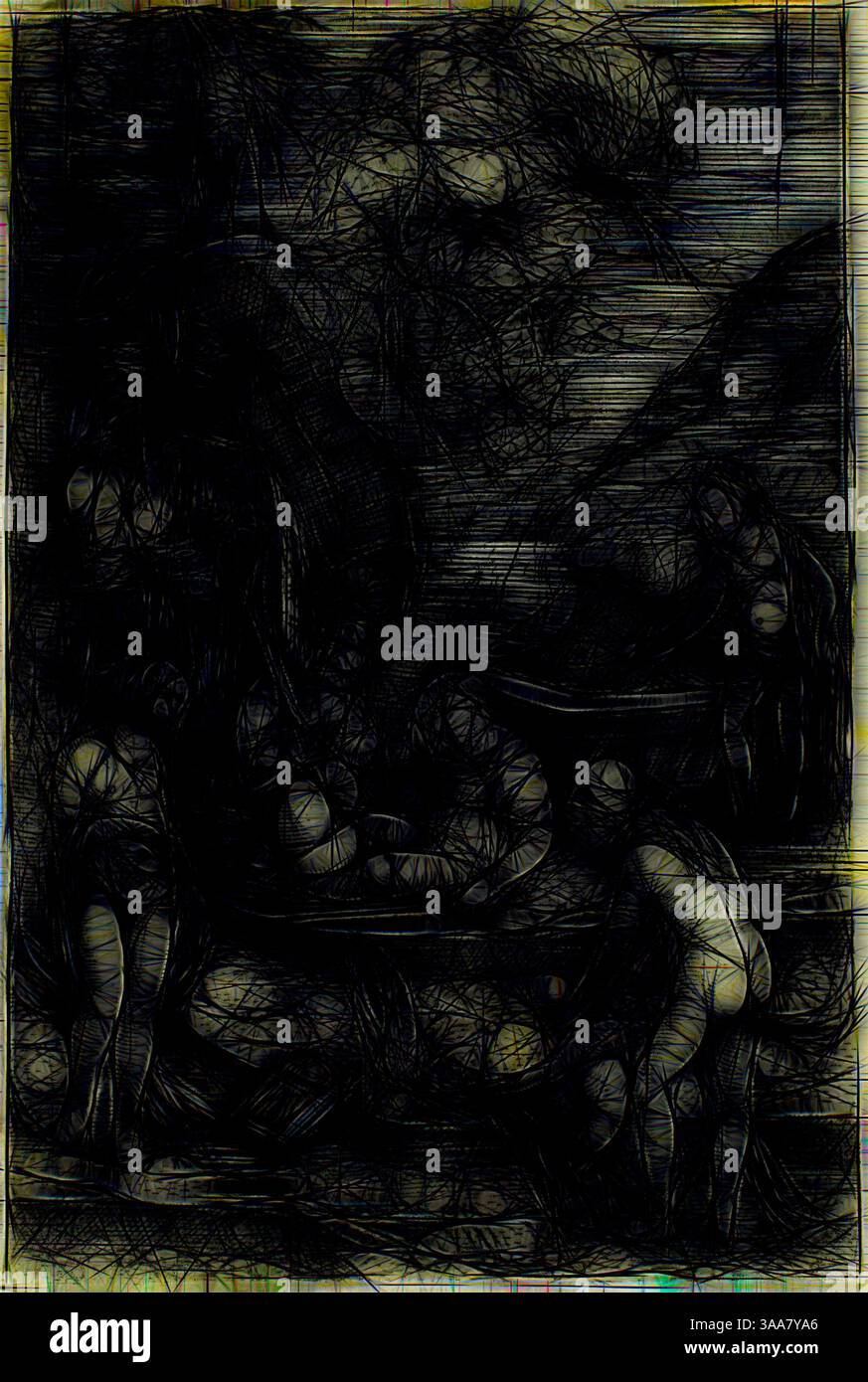 Une scène chaotique et éthérée avec des figures abstraites entourées de motifs sombres et tourbillonnants, évoquant un sentiment de mystère et d'émotion. Des éléments de la nature s’entrelacent avec des formes humaines, créant une composition envoûtante mais convaincante., Art classique avec une touche moderne réinventé par Artotop, basé sur le rêve de Paris, 1515/1518, Albrecht Altdorfer, allemand, c.1480-1538, Allemagne, gravure en noir sur papier ivoire, 60 x 40 mm (image/plaque/feuille) Banque D'Images