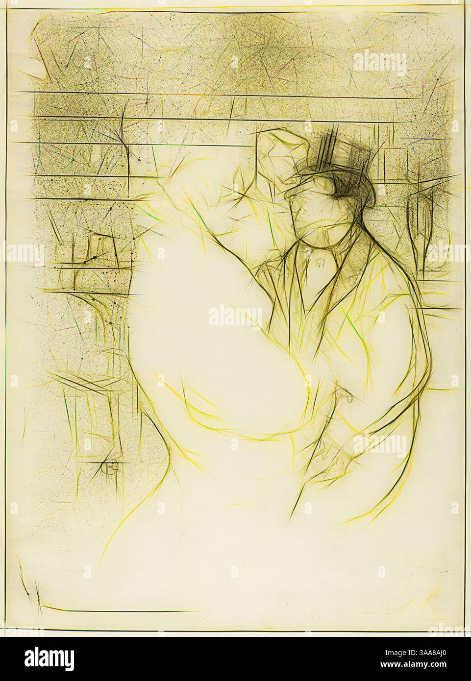 Un couple danse de près, capturé dans un style fluide et abstrait qui souligne leurs mouvements gracieux sur fond de lignes géométriques et de contours faibles. Les personnages dégagent un sentiment d'intimité et de passion dans un environnement dynamique et tourbillonnant., Art classique avec une touche moderne réinventé par Artotop, basé sur Ida Heath au Bar, 1894, Henri de Toulouse-Lautrec, Français, 1864-1901, France, lithographie couleur sur papier tissé ivoire, 366 × 260 mm (image), 380 × 281 mm (feuille) Banque D'Images