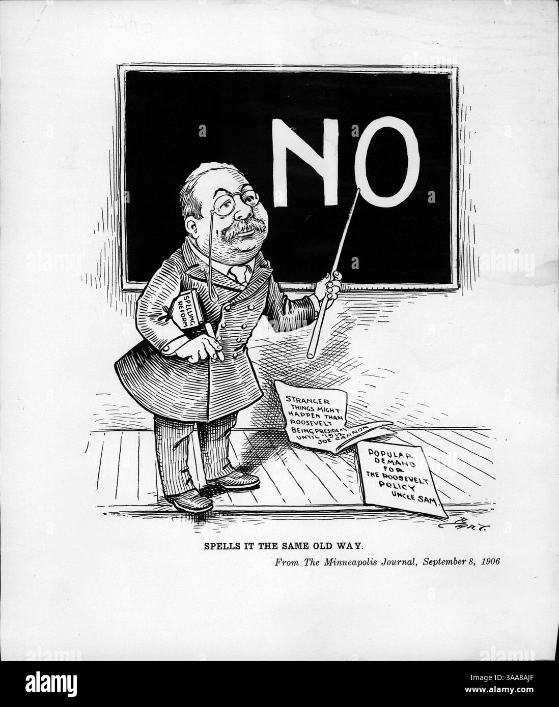 Le président Theodore Roosevelt écrit "NON" sur un tableau noir, refusant un troisième mandat présidentiel. Tenant un livre de réforme orthographique, il reste ferme dans sa décision, malgré les demandes du public. Ce moment reflète son intérêt continu pour la réforme orthographique à l'époque. Banque D'Images