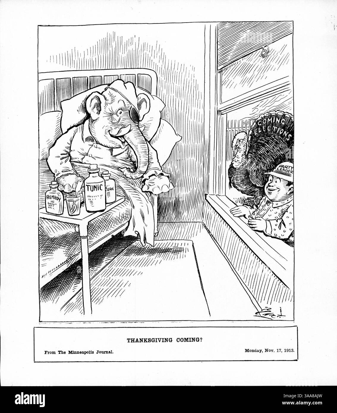 Dans cette caricature politique, l'éléphant républicain est couché avec des médicaments, symbolisant un parti malade. Une turquie étiquetée « élections à venir » se dresse avec un chef de parti à la fenêtre, reflétant les efforts du Parti républicain pour organiser les prochaines élections. Banque D'Images