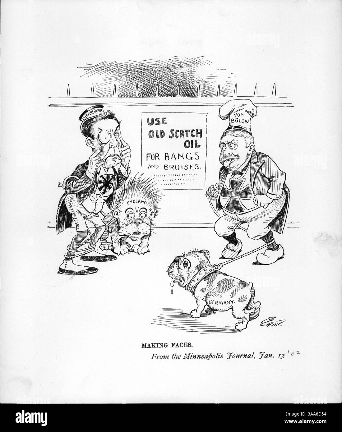 Dans cette caricature politique, l'Allemagne (représentée comme un bouledogue sur la laisse de Bernhard von Bulow) menace l'Angleterre (représentée par un lion) comme Joseph Chamberlain et von Bulow échangent des expressions. La légende, faisant référence à la guerre des Boers, fait allusion à leur rivalité et un signe qui dit « utiliser de l'huile à gratter ancienne - pour les bangs et les ecchymoses ». Banque D'Images