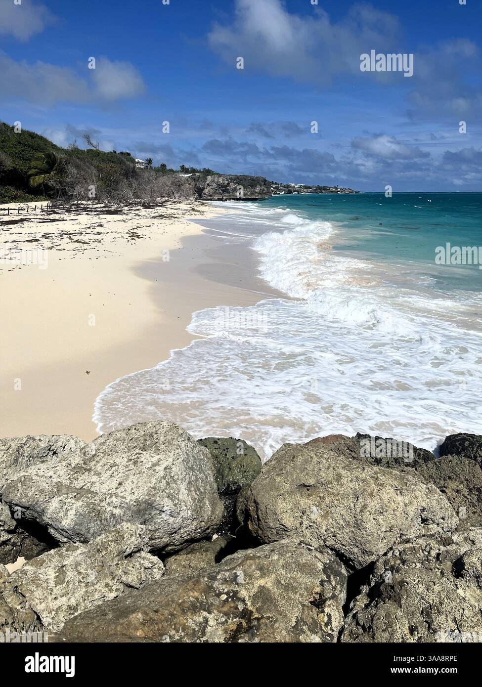 De douces vagues sillonnent le sable chaud de Crane Beach sur la côte est accidentée de la Barbade par une belle journée ensoleillée. Banque D'Images