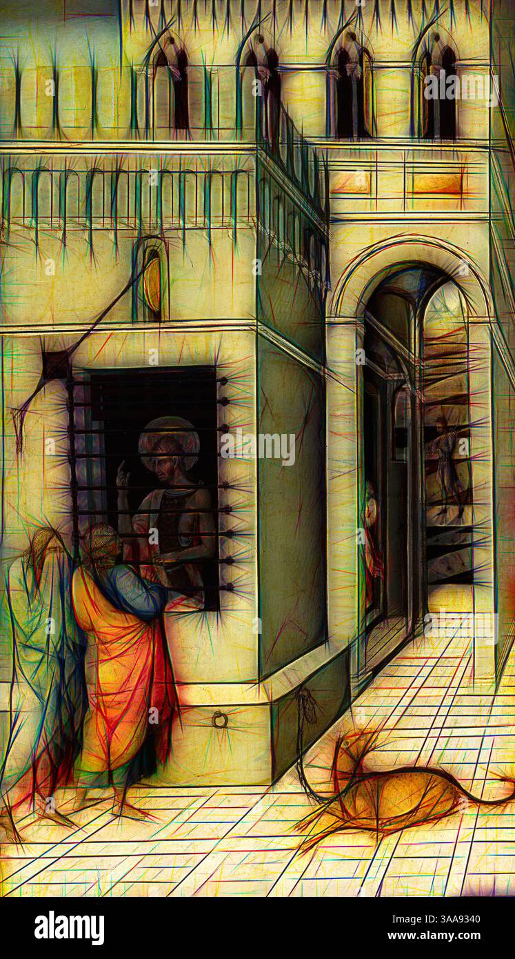 Une scène mettant en scène des personnages dans des robes coulantes rassemblés près d'une structure architecturale, où un personnage semble parler à travers une fenêtre. Le fond présente des pierres complexes et un sol carrelé, créant une sensation de profondeur et une atmosphère historique., Art classique avec une touche moderne réinventé par Artotop, basé sur Saint Jean Baptiste en prison visité par deux disciples, 1455/60, Giovanni di Paolo, italien, 1398-1482, Italie, Tempera sur panneau, 68,3 × 40 cm (26 7/8 × 15 3/4 po), surface peinte : 66,3 × 37,8 cm (26 1/16 × 14 7/8 po) Banque D'Images Une scène mettant en scène des personnages dans des robes coulantes rassemblés près d'une structure architecturale, où un personnage semble parler à travers une fenêtre. Le fond présente des pierres complexes et un sol carrelé, créant une sensation de profondeur et une atmosphère historique., Art classique avec une touche moderne réinventé par Artotop, basé sur Saint Jean Baptiste en prison visité par deux disciples, 1455/60, Giovanni di Paolo, italien, 1398-1482, Italie, Tempera sur panneau, 68,3 × 40 cm (26 7/8 × 15 3/4 po), surface peinte : 66,3 × 37,8 cm (26 1/16 × 14 7/8 po) Banque D'Images