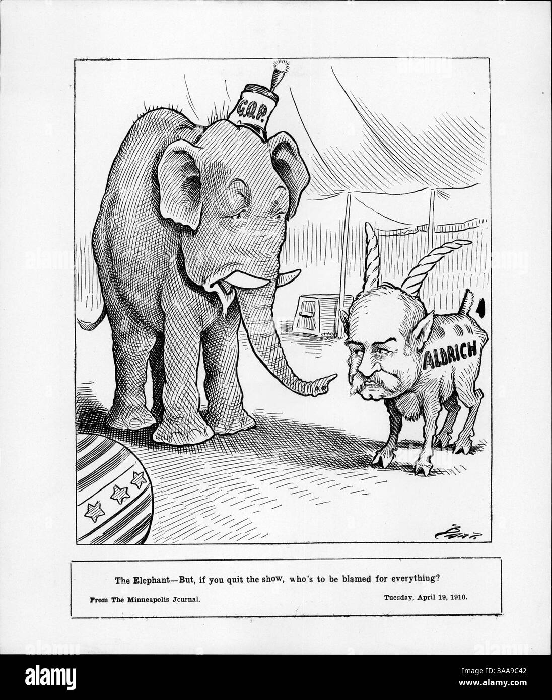 Ce dessin animé montre un éléphant G.O.P. sous une tente de cirque, conversant avec une chèvre étiquetée 'Aldrich'. La chèvre représente le sénateur Aldrich, qui a annoncé qu'il prendrait sa retraite et ne chercherait pas à être réélu, faisant allusion à sa responsabilité dans les décisions politiques. Banque D'Images