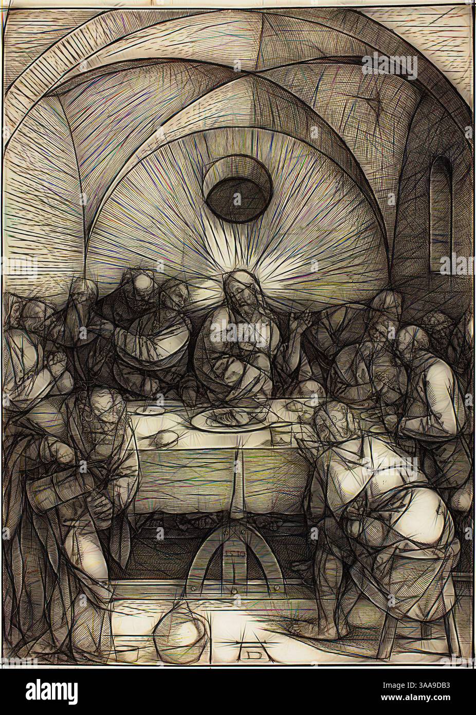 Une réinterprétation d'une scène religieuse significative, avec une figure centrale entourée d'un groupe de personnes dans un cadre dramatique. Les figures sont stylisées avec des lignes complexes et des ombres, soulignant leurs expressions et leurs gestes, faisant allusion à des thèmes de communion et d'unité. Le fond présente des éléments architecturaux qui mettent en valeur l'atmosphère sacrée., Art classique avec une touche moderne réinventée par Artotop, basé sur la Cène, de la Grande passion, 1510, Albrecht Dürer, allemand, 1471-1528, Allemagne, gravure sur bois noir sur papier ivoire, 403 x 289 mm (image), 405 x 290 mm (feuille) Banque D'Images