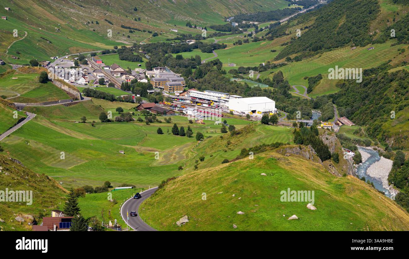 Realp, Suisse - 22 août 2024 : Realp est un petit village charmant situé dans le canton d'Uri, situé à l'extrémité ouest de la célèbre Fu Banque D'Images
