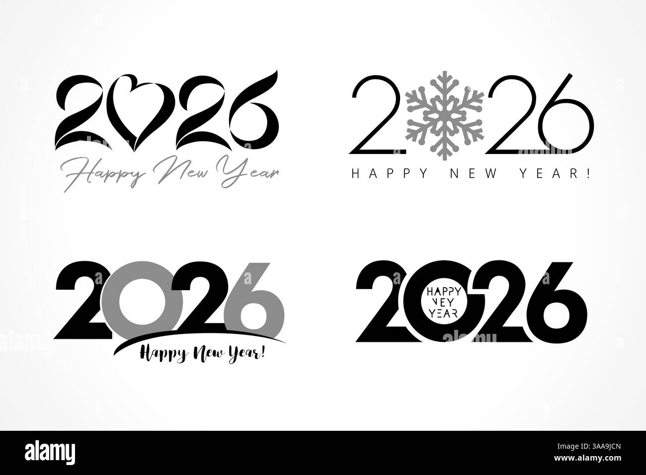Grand ensemble de conception de texte de logo 2026 avec coeur, flocon de neige et symboles simples. Modèle de numéro horizontal pour les cartes de bonne année 2026 ou les couvertures de calendrier Illustration de Vecteur