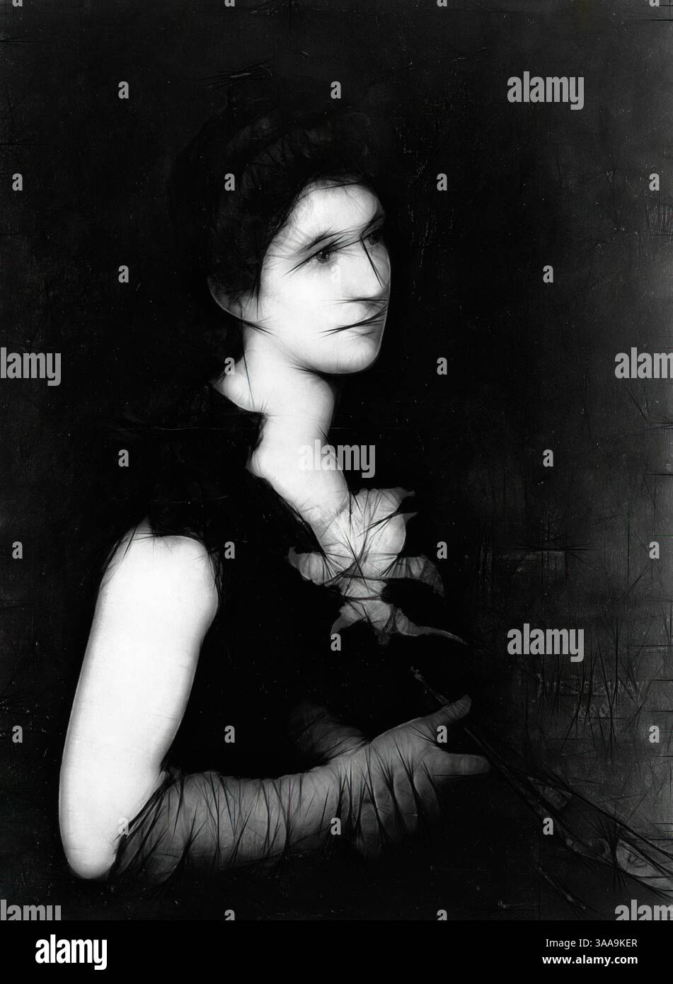 Une femme dans une pose contemplative, son expression introspective et sereine. Elle porte un vêtement sombre et tient une paire de ciseaux, suggérant des thèmes de transformation ou de créativité. Le fond contraste avec sa présence, soulignant sa silhouette et les détails complexes de sa tenue., Art classique avec une touche moderne réinventé par Artotop, basé sur Portrait de MRS Charles L. Hutchinson, 1890, Jules-Élie Delaunay, français, 1828-1891, France, huile sur toile, 78,9 × 60 cm (31 1/16 × 23 5/8 po.) Banque D'Images