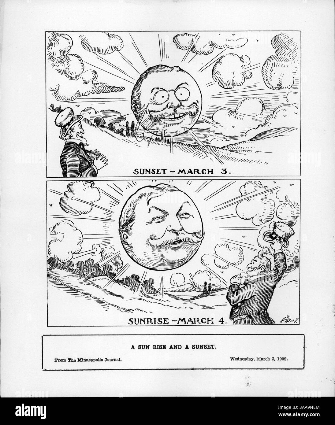 Cette illustration contraste avec le soleil qui se couche sur l'ère du président Roosevelt le 3 mars avec le président Taft se levant comme le soleil le 4 mars, symbolisant le changement de direction. Oncle Sam célèbre la nouvelle administration. Banque D'Images