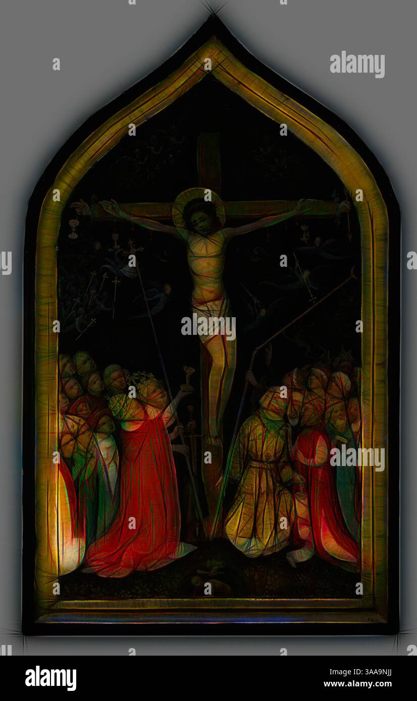 Scène représentant une crucifixion, avec une figure centrale sur une croix entourée d'une foule de personnes en deuil et de spectateurs, capturant un moment de solennité et de révérence. Les figures sont ornées de robes fluides, créant un contraste frappant sur le fond, soulignant la profondeur de l'émotion véhiculée dans la scène., Art classique avec une touche moderne réinventé par Artotop, basé sur le Christ sur la Croix vivante, 1420/30, suiveur du Maître de Sainte Véronique, allemand, actif Cologne c. 1395–c. 1420, Cologne, huile sur panneau, 48,2 × 28,7 cm (19 1/8 × 11 3/8 in.), surface peinte : 40,7 × 23,3 cm (16 Banque D'Images