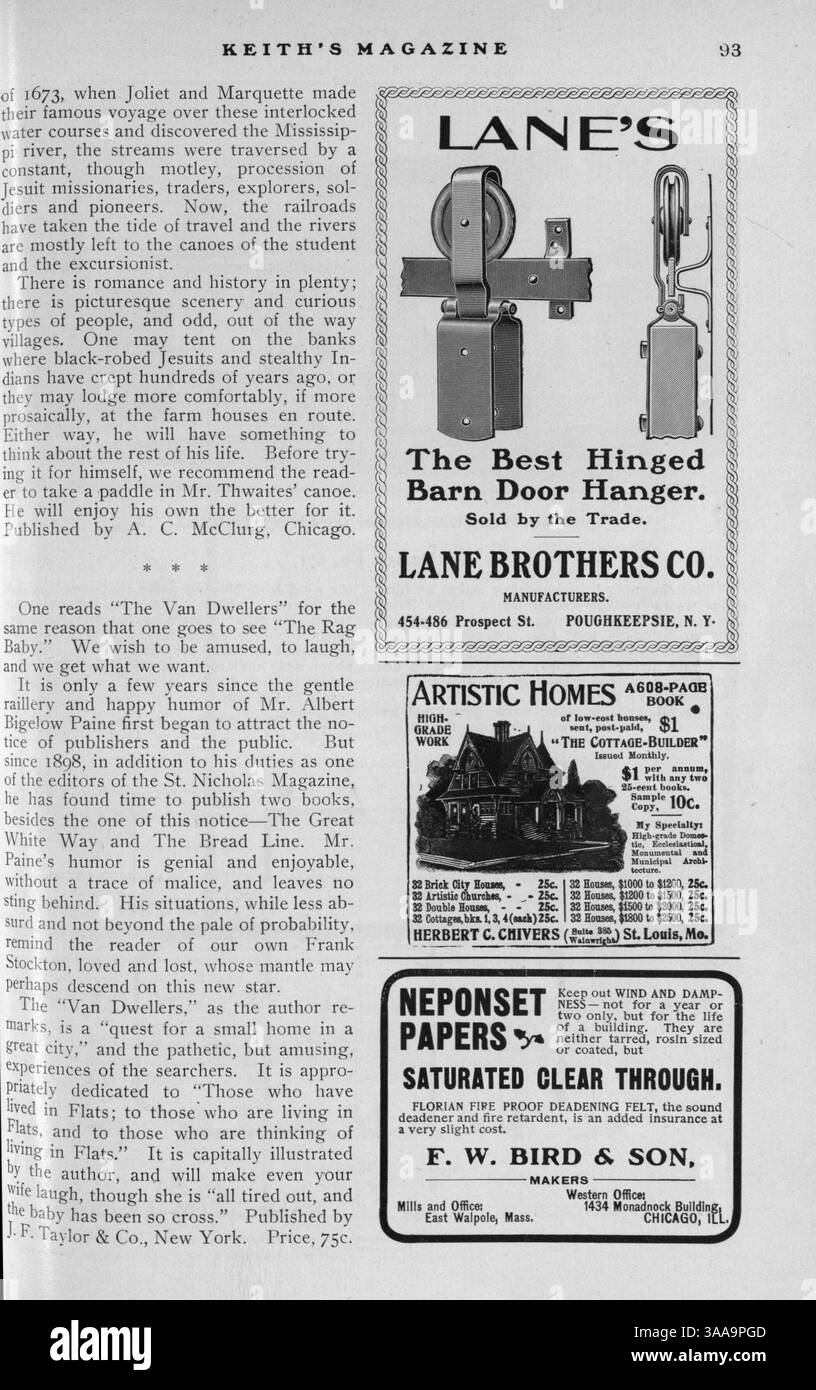 Keith's Magazine, publié par Walter J. Keith en 1902, présente douze numéros avec des conceptions de maisons, des plans d'étage, des photographies et des coûts de construction. Le magazine couvre également la construction de maisons, la décoration intérieure et l'aménagement paysager, avec des publicités pour les matériaux de construction et l'ameublement de maison. Certains numéros présentent des conceptions pour les écoles et les églises. Banque D'Images