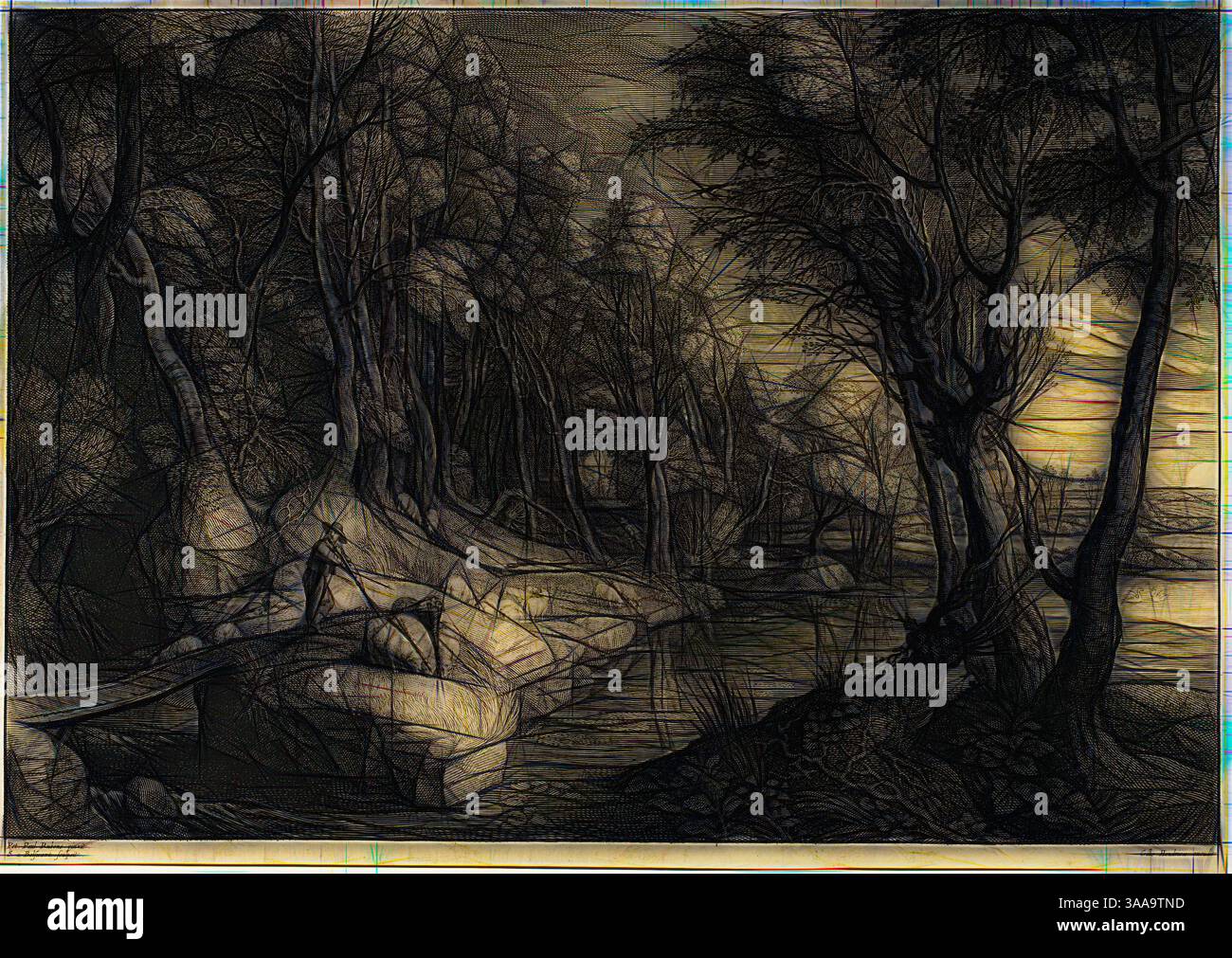 Un paysage serein présente des arbres denses entourant un plan d'eau calme, avec des rochers texturés bordant le rivage. Les ombres et la lumière jouent à travers la scène, évoquant un sentiment de tranquillité et de profondeur., Art classique avec une touche moderne réinventé par Artotop, basé sur Forest Crossed by a Stream, from the Small Landsz, v. 1638, Schelte Adamsz. Bolswert (néerlandais, actif en Flandre, c. 1586-1659), d'après Peter Paul Rubens (flamand, c. 1577-1640), Flandre, gravure sur papier crème, 304 × 443 mm (image), 317 × 450 mm (plaque/feuille) Banque D'Images