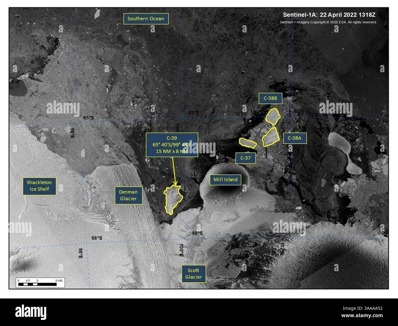 L'iceberg C-39 a vêlé dans la région du glacier Scott de la plate-forme de glace Shackleton Banque D'Images