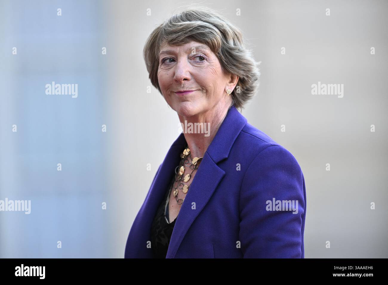 Paris, France. 31 mars 2025. Stéphane Pallez, le PDG du groupe français de jeux de loterie et de Paris sportifs, est arrivé au Palais présidentiel de l'Élysée pour assister à un dîner d'État en l'honneur du couple royal danois, à Paris, en France, le 31 2025 mars lors de leur visite d'État. Photo par Eliot Blondet/ABACAPRESS. COM Credit : Abaca Press/Alamy Live News Banque D'Images