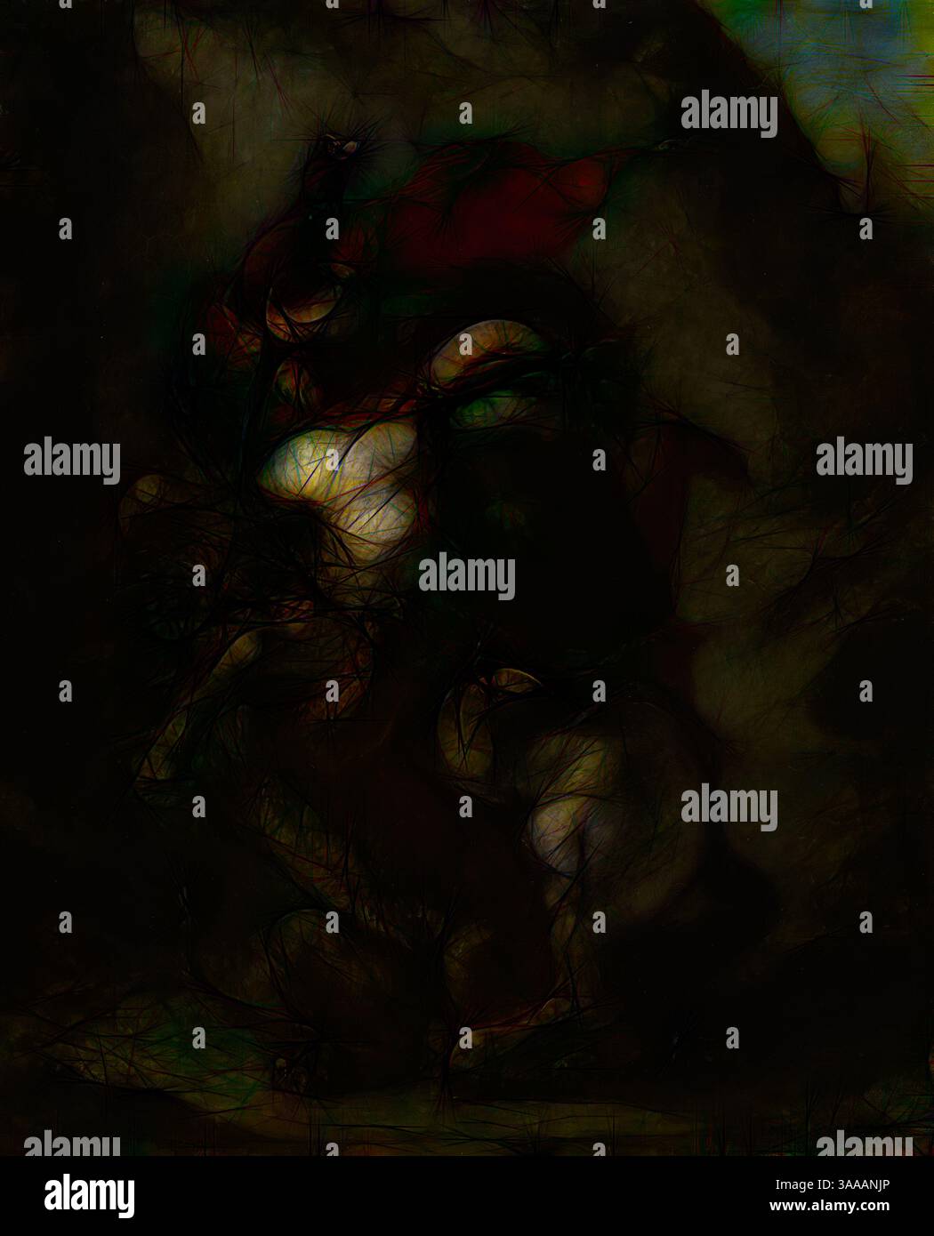 Une composition abstraite avec des formes tourbillonnantes et des tons contrastés, créant un sentiment de mouvement et de mystère. Les formes organiques s'entrelacent, suggérant une fusion d'éléments naturels avec une essence surnaturelle., Art classique avec une touche moderne réinventé par Artotop, basé sur le cavalier arabe attaqué par un Lion, 1849/50, Eugène Delacroix, Français, 1798-1863, France, huile sur panneau, 43,81 × 38,1 cm (17 1/4 × 15 in.) Banque D'Images