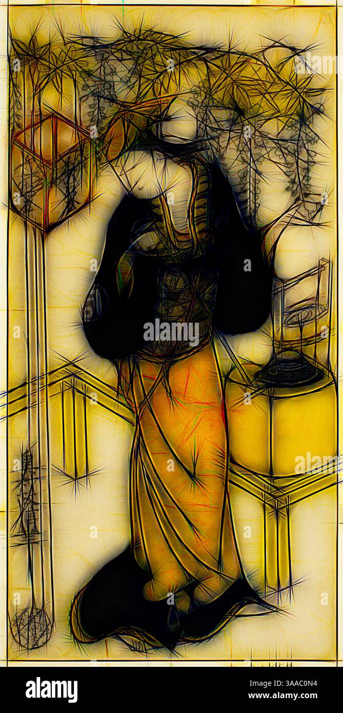 Une silhouette gracieuse dans une tenue traditionnelle se tient sous une verrière de feuillage, tenant un objet délicat tout en exsudant l'élégance et l'équilibre. La scène capture un mélange harmonieux de nature et d'art culturel., Art classique avec une touche moderne réinventé par Artotop, basé sur l'acteur Sanogawa Mangiku I dans le rôle d'Ohatsu dans la pièce Sogazaki Shinju, joué au théâtre Nakamura dans le quatrième mois, 1719, 1719, Okumura Masanobu, japonais, 1686-1764, Japon, imprimé sur bois coloré à la main, hosoban, urushi-e, 30,3 x 15,2 cm Banque D'Images