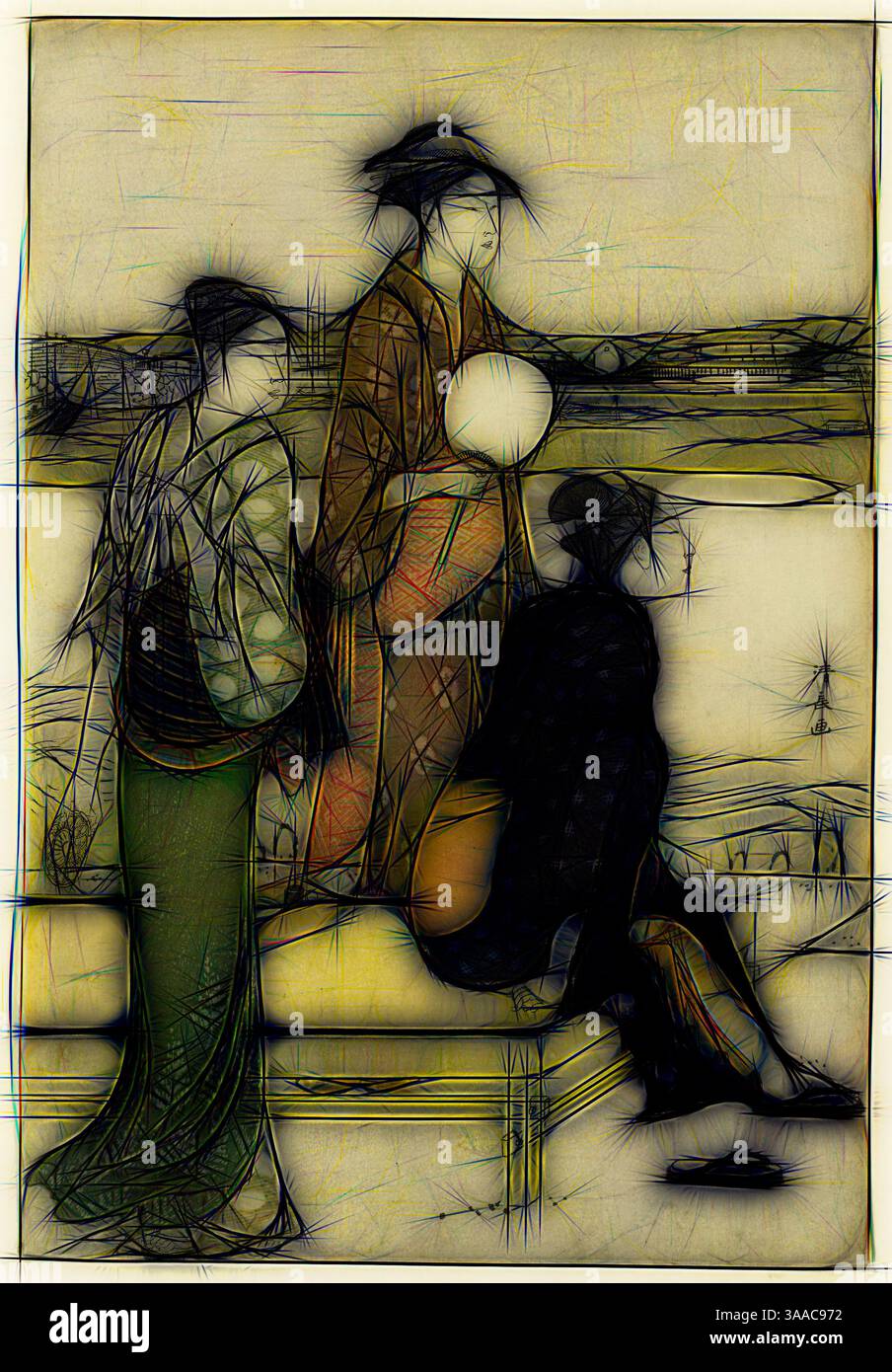 Trois personnages habillés en tenue traditionnelle se dressent sur un fond serein. La scène capture un moment de contemplation, avec des motifs complexes mettant en valeur leurs vêtements et un soupçon subtil de nature qui les entoure., Art classique avec une touche moderne réinventé par Artotop, basé sur le crépuscule d'été sur les rives de la rivière Sumida, c. 1784, Torii Kiyonaga, japonais, 1752-1815, Japon, impression sur bois couleur, feuille droite de diptyque oban (feuille gauche : 1925.2656), 37,7 x 25,6 cm Banque D'Images