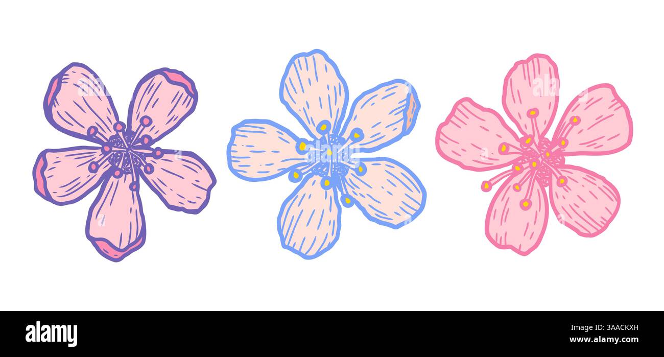 Icônes vectorielles de fleurs de cerise dans le style doodle. Croquis vectoriel de fleurs de sakura. Illustration de Vecteur