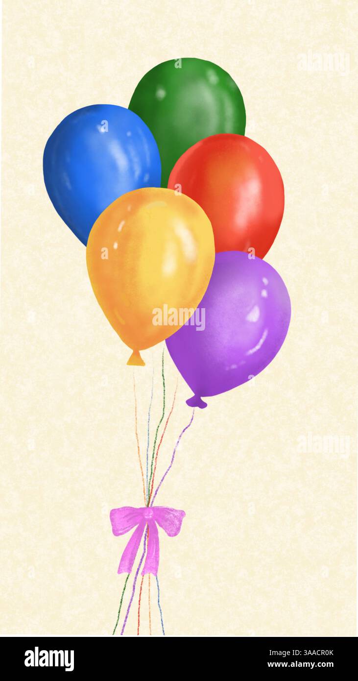Ballons colorés attachés avec un noeud rose, dessinés à la main sur un fond beige texturé. Illustration numérique fantaisiste et festive. Banque D'Images