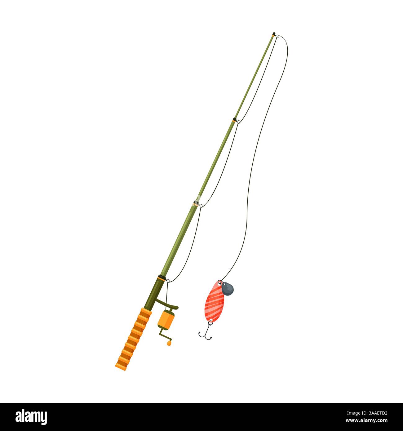Une image vibrante d'une canne à pêche avec un moulinet et un leurre coloré, parfait pour les pêcheurs passionnés qui aiment le sport Illustration de Vecteur