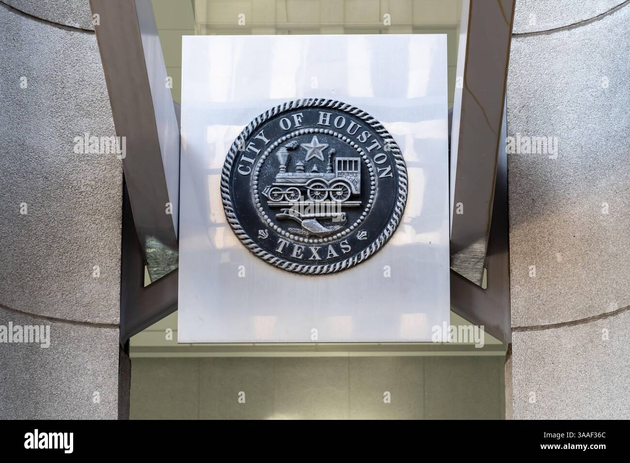 Le sceau de la ville de Houston à l'hôtel de ville de Houston, Texas, États-Unis. Banque D'Images