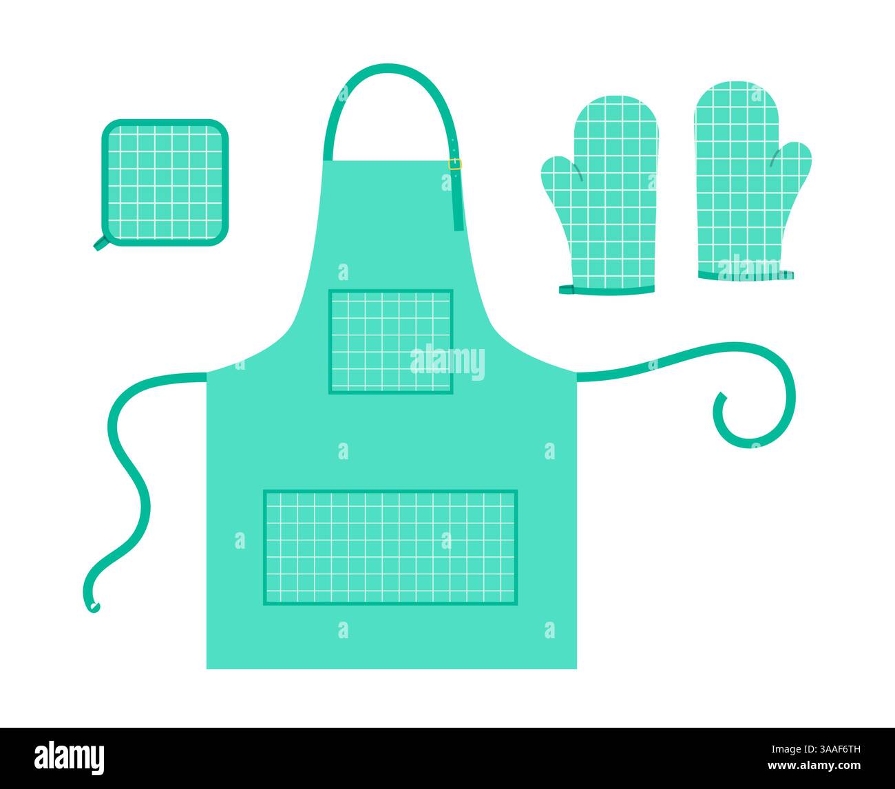 Ensemble de tabliers, gants de four et potholder mode menthe dessin animé feuille de fenêtre tartan motif motif main accessoire vêtements illustration technique vêtement. Vecteur pour hommes, femmes, modèle plat de style unisexe Illustration de Vecteur