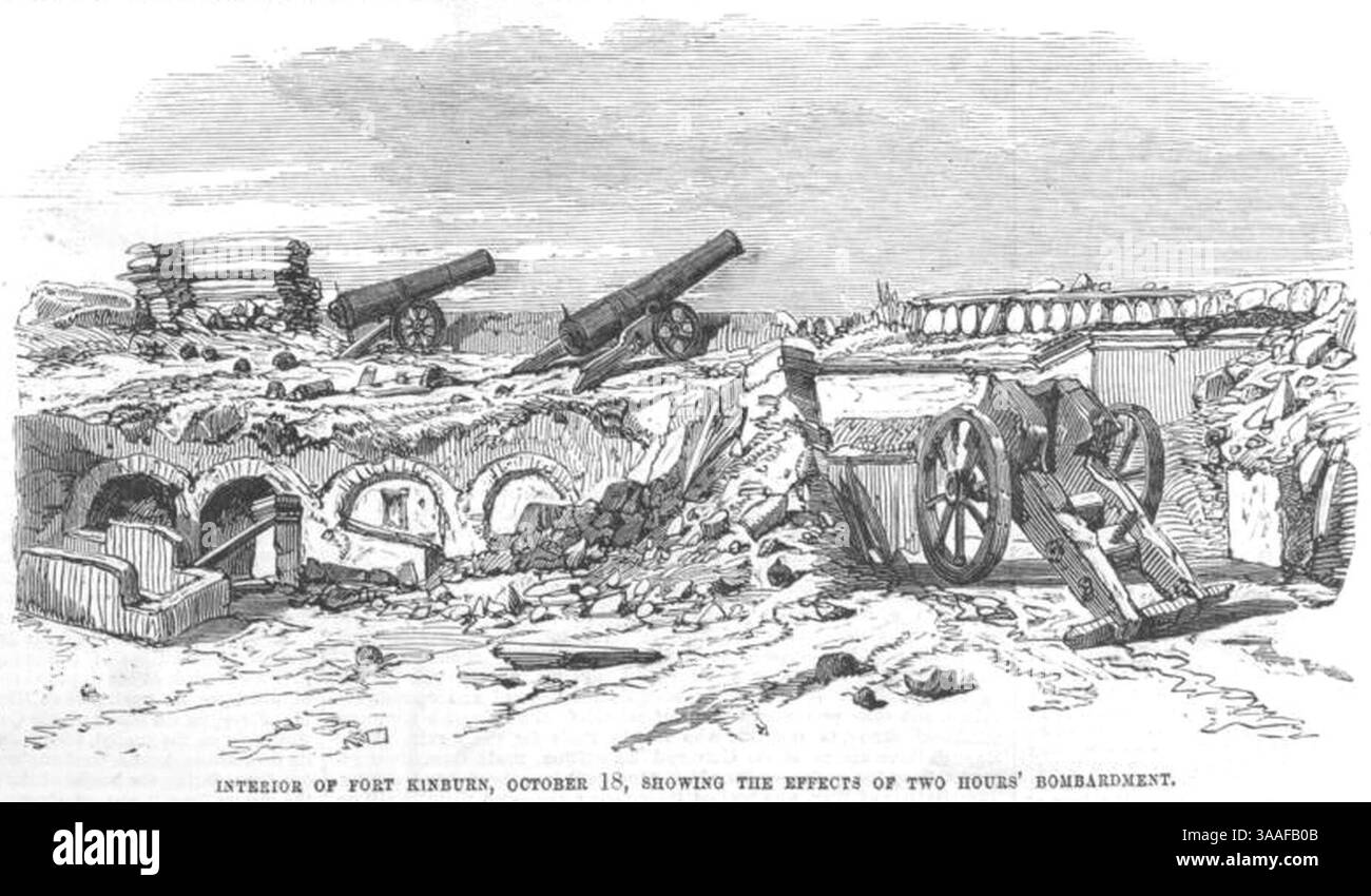 Intérieur du fort Kinburn, 18 octobre, montrant les effets de deux heures de bombardement - ILN 1855. Banque D'Images