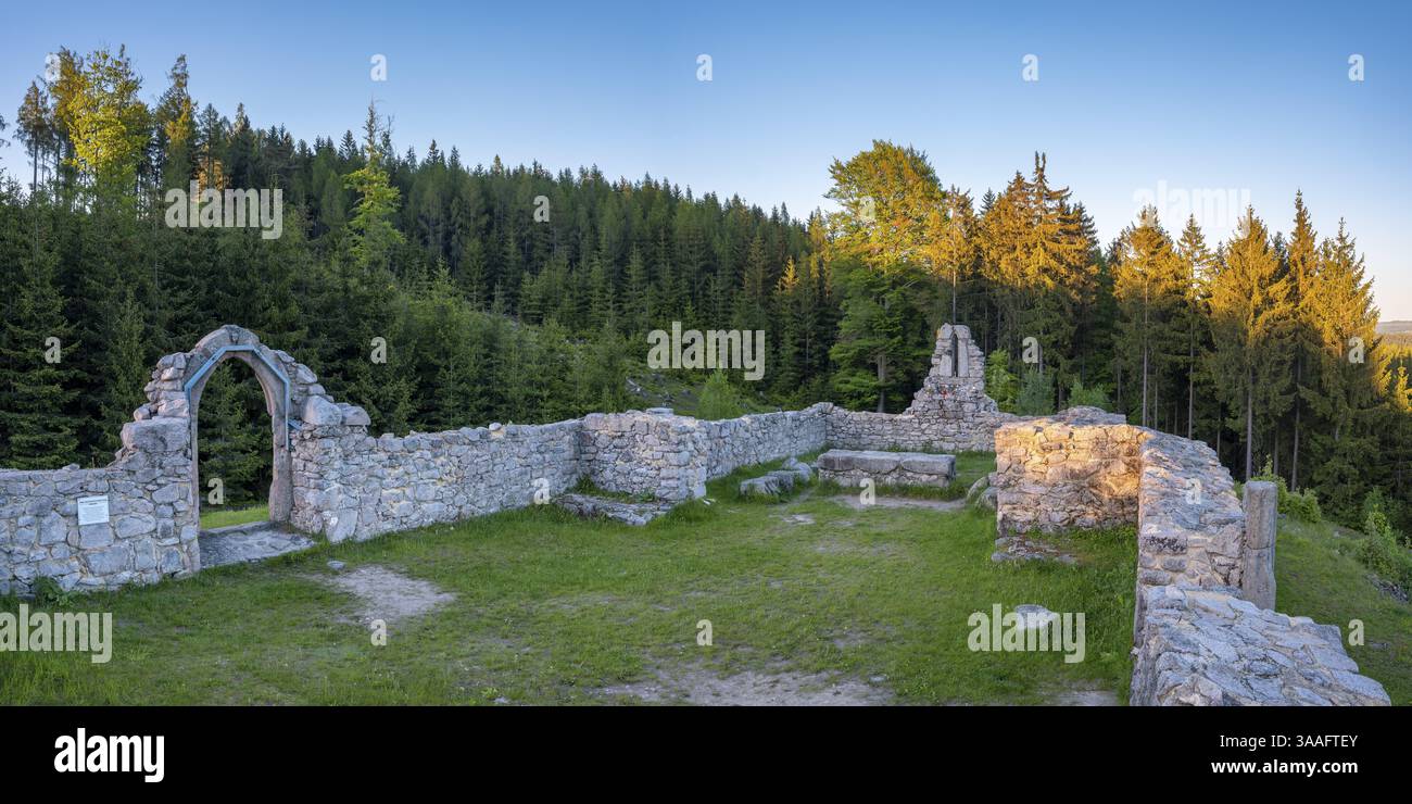 Ruines de l'église de Saint-Nicolas sous Krudum dans la forêt impériale dans la lumière du soir, Kostel sv. MikulaTe pod Krudumem, Slavkovsky les, Karl Banque D'Images